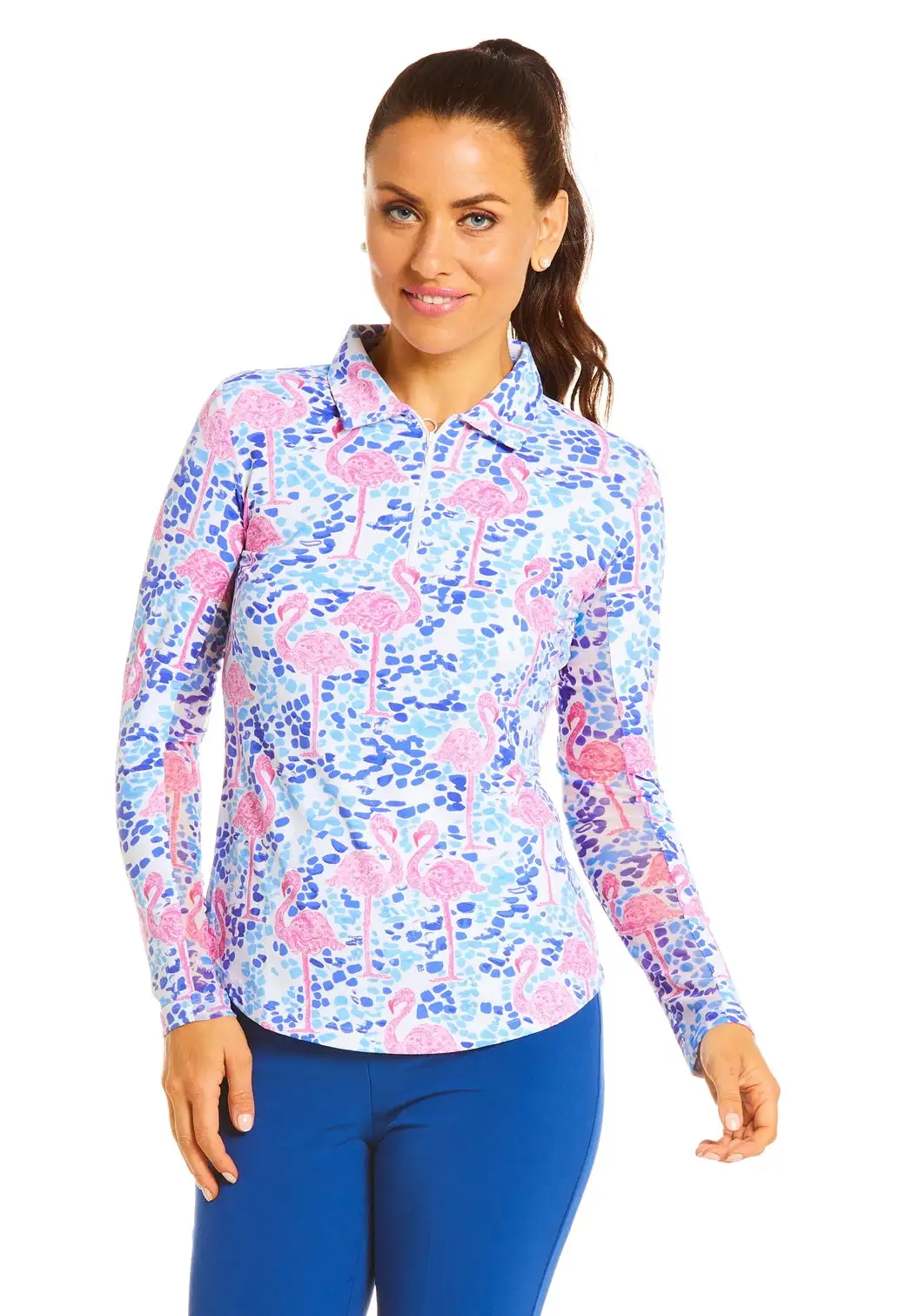 IBKUL Womens IDN Flamingo Print Long Sleeve Polo