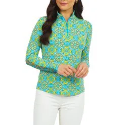 IBKUL Women's Scarlet Print Long Sleeve Zip Mock Neck - 10185