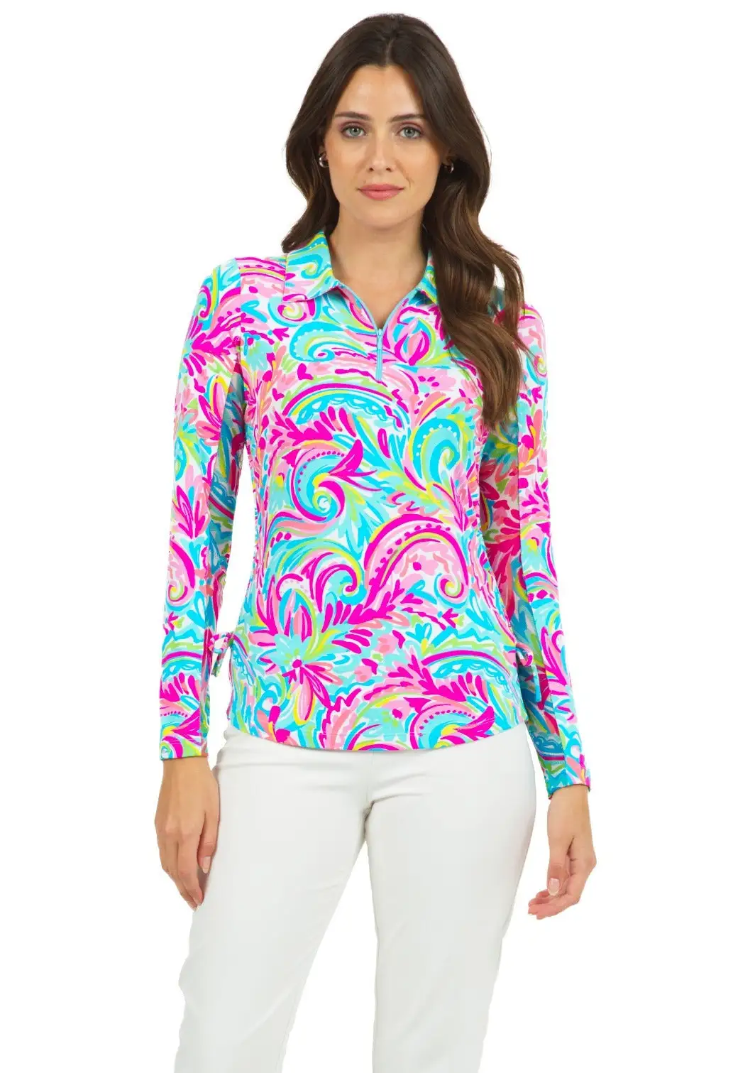 IBKUL Women's Aubrey Print Adjustable Long Sleeve Zip Polo - 48184 - Image 3