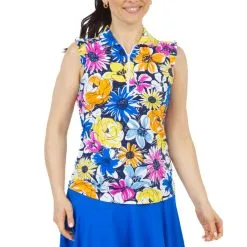IBKUL Women's Medeline Print Ruffle Sleeveless Polo - 44260