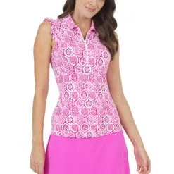 IBKUL Women's Terra Print Ruffle Sleeveless Polo - 44264