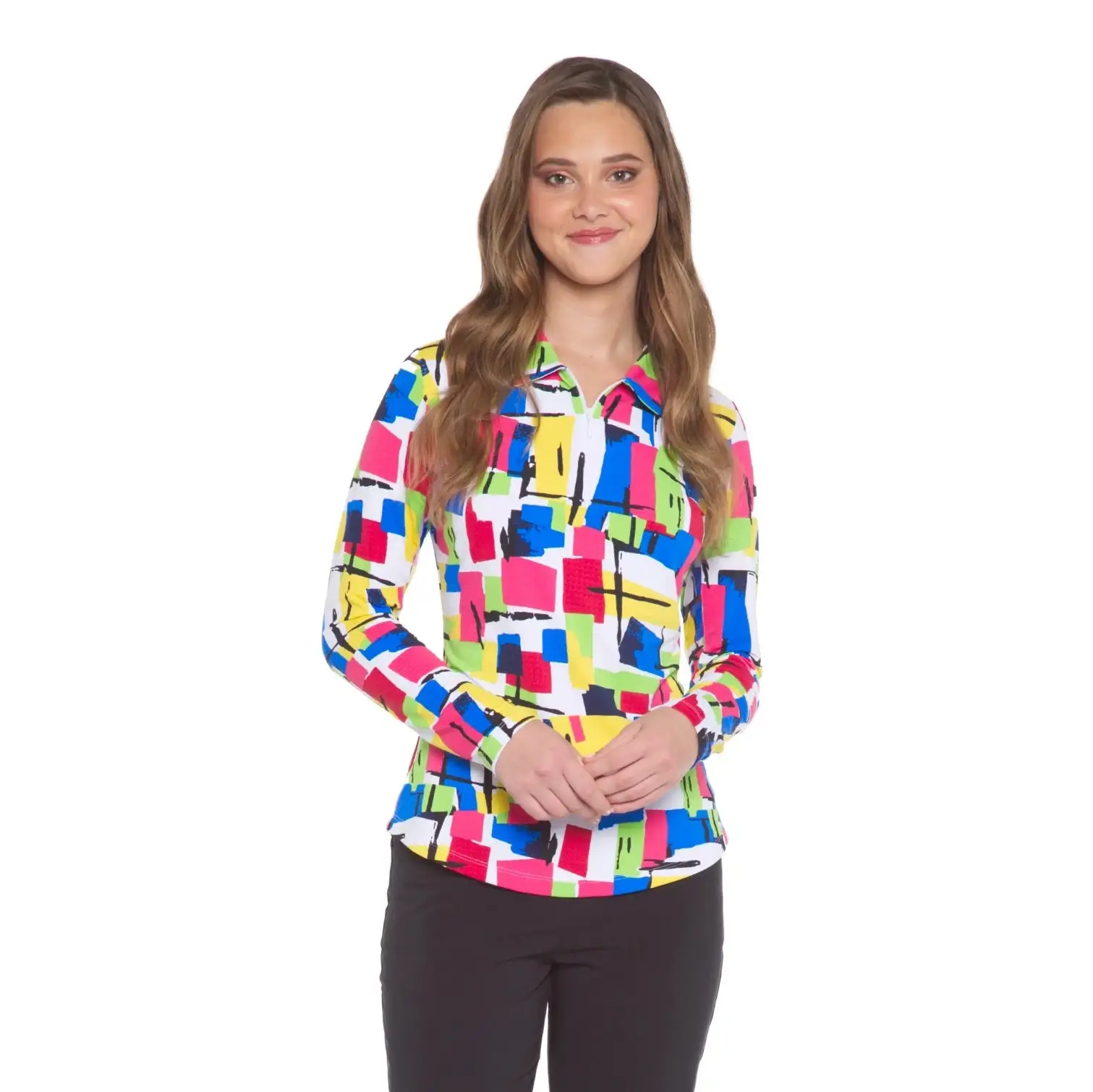 IBKUL Mondrian Carie Print Long Sleeve Mock Neck Top - 10855